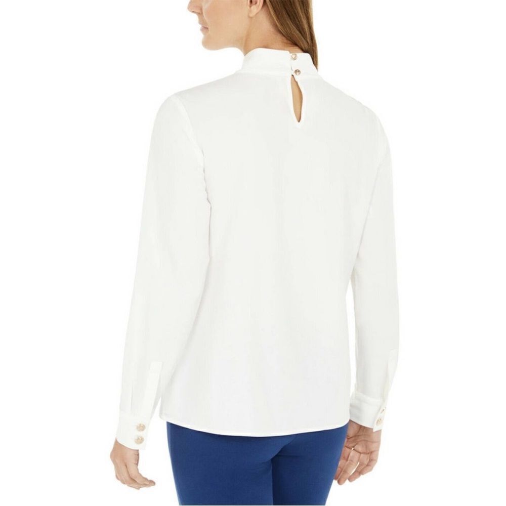 Calvin Klein Womens Mock Neck Blouse Ivory Long Sleeve Button Cuff Stretch L - Picture 3 of 8